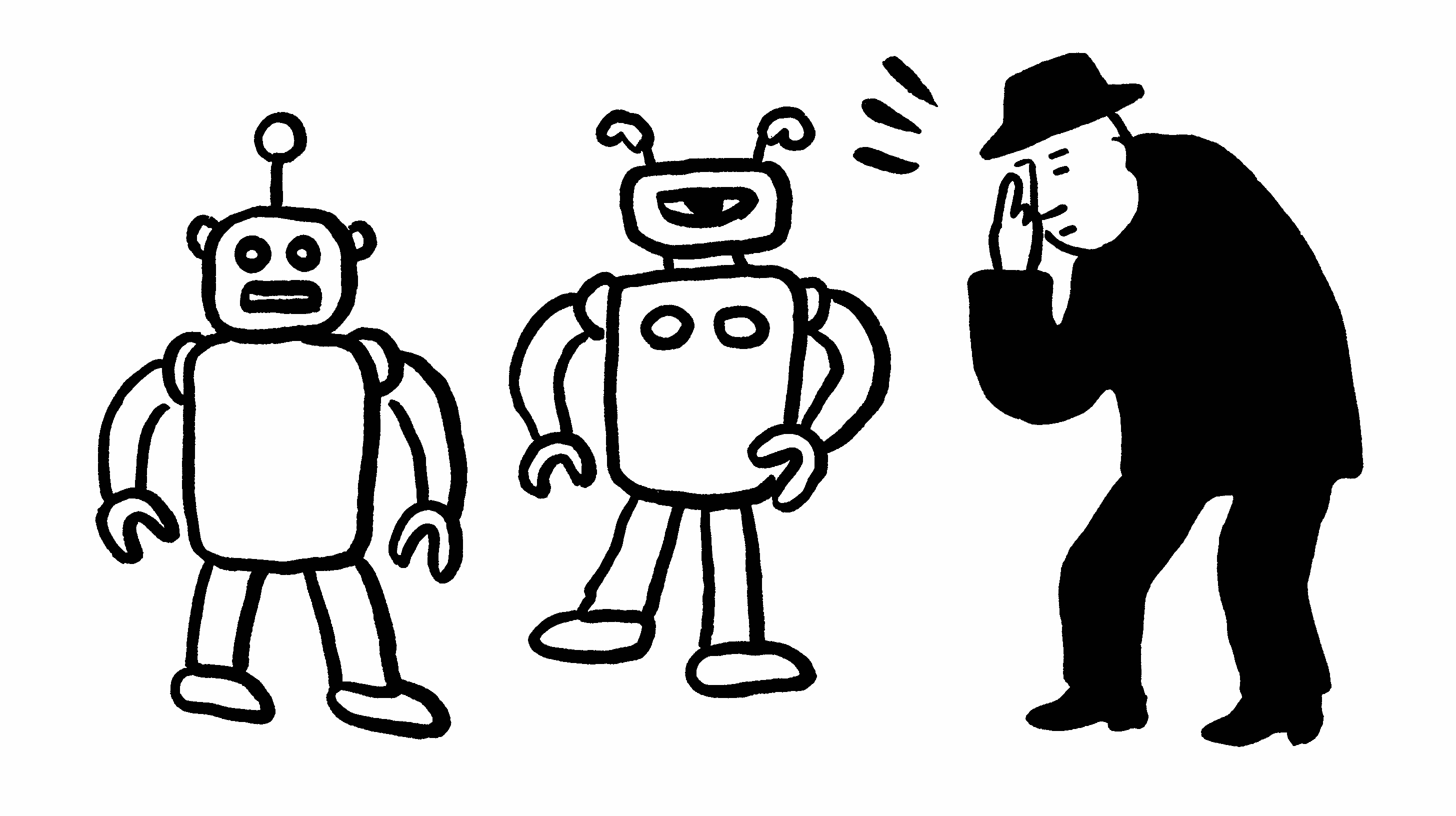 AI robots whispering about a brand, illustrating how AI assistants talk about your company behind the scenes